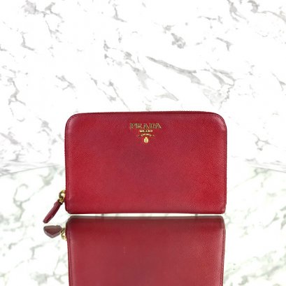 MP-10534 Used Prada Zippy Medium Wallet In Fuoco Saffiano GHW